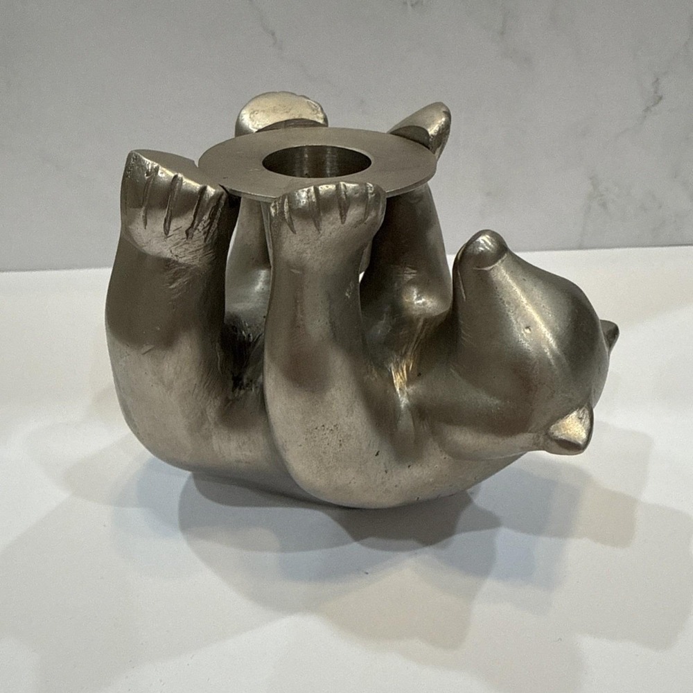 Vtg Restoration Hardware Candle Holder Polar Bear Silver Tone Holiday Winter